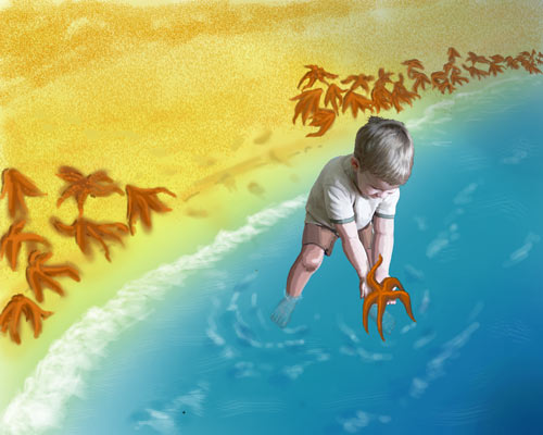 Здесь картинка, на которой нарисован мальчик, пускающий в море звезду